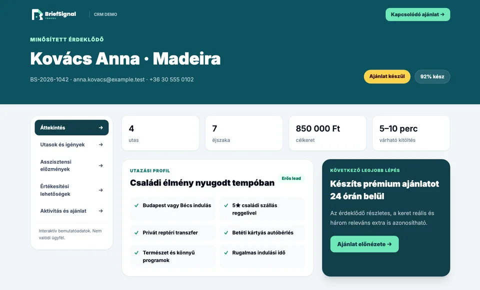 Részletes utazási CRM – BriefSignal termékfelület
